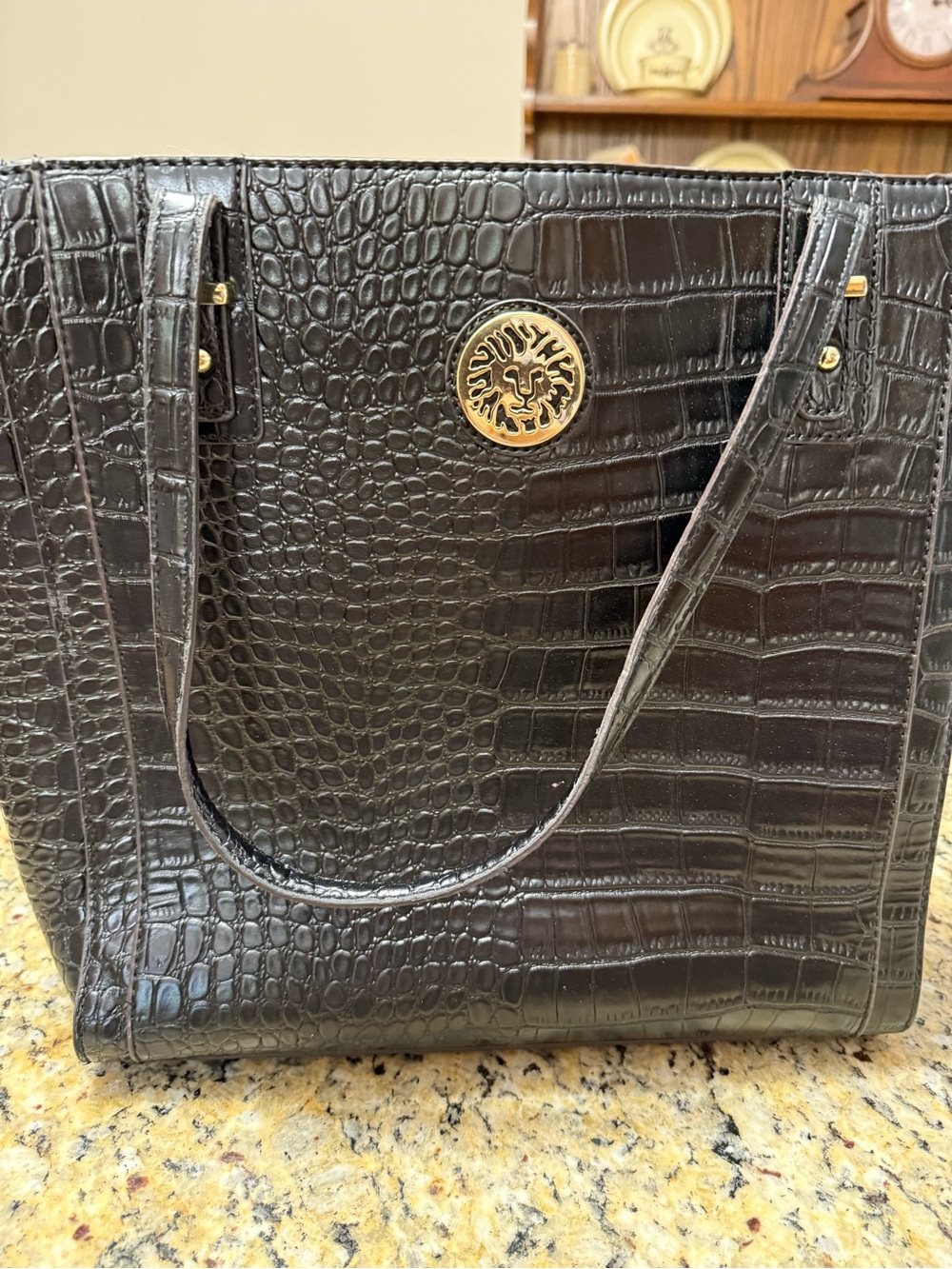 Anne Klein Black Croc-Embossed Tote with Gold Medallion